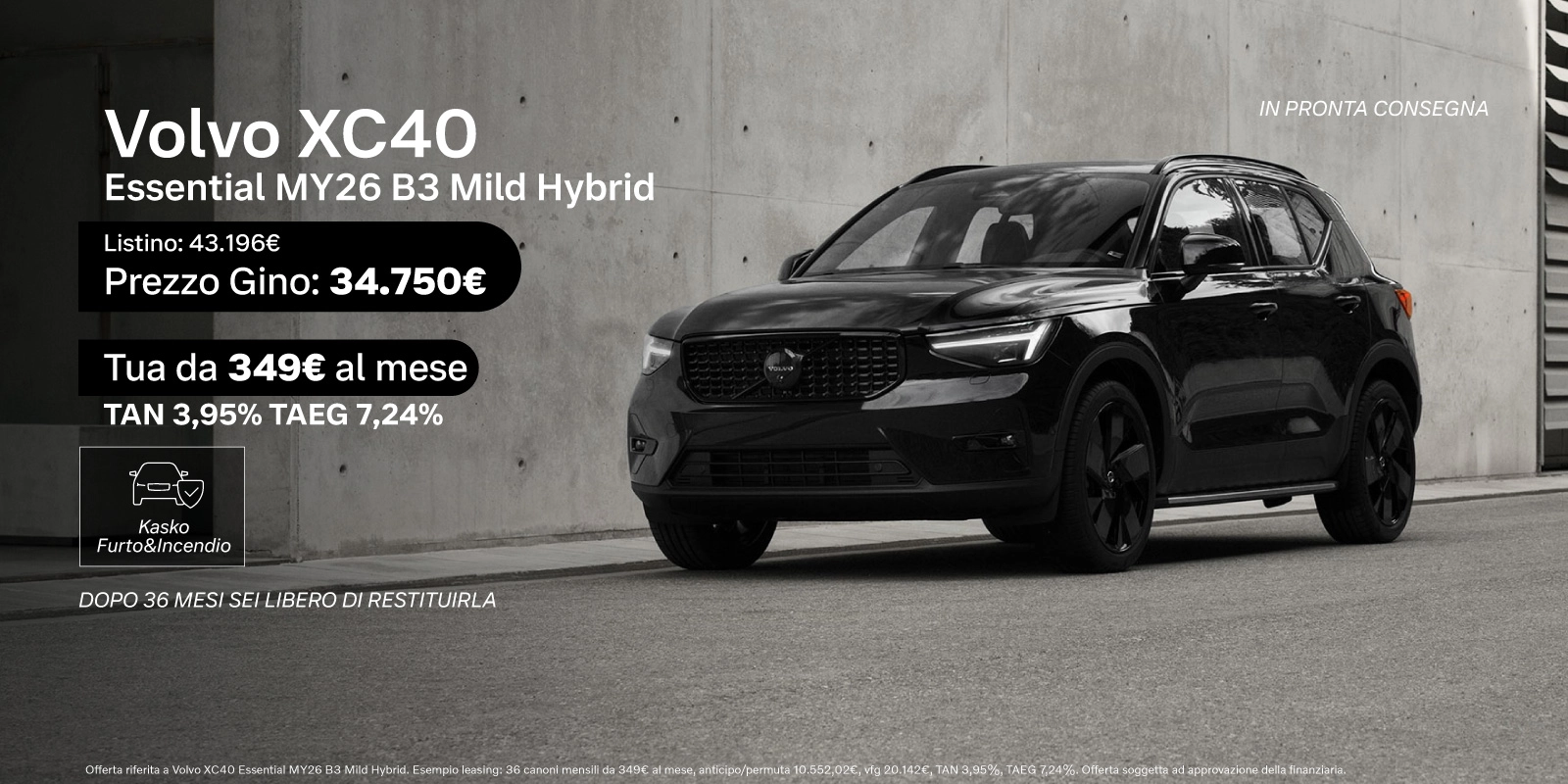 Nuova Volvo XC40 - Tua a partire da 349€/mese con TAN 3,95% Kasko e Furto&Incendio