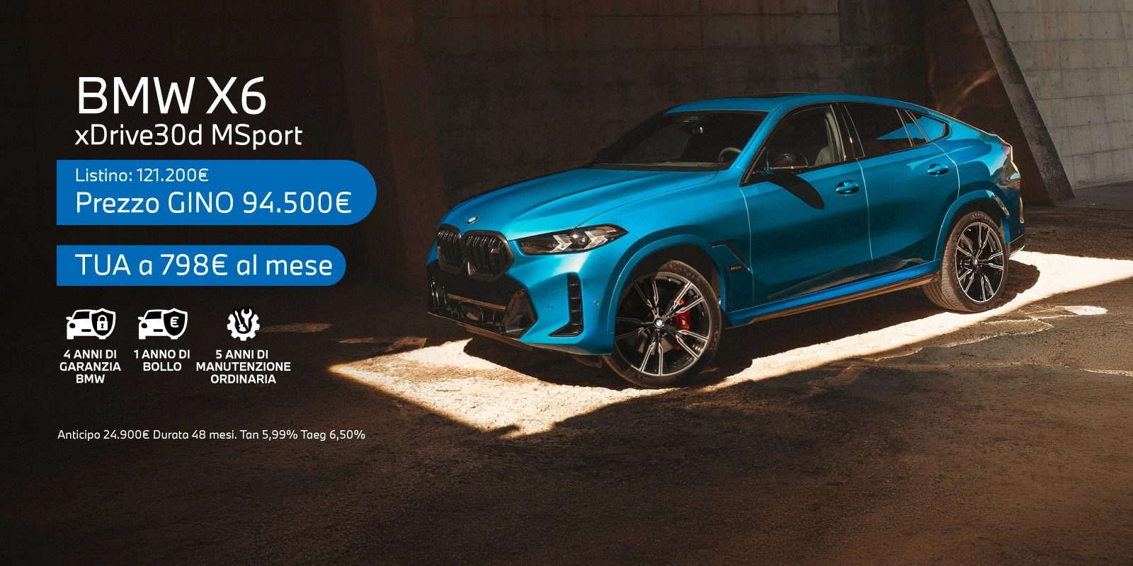 Nuova BMW X6 - Tua a partire da 798€/mese con 4 anni di garanzia BMW, 1 anno di Bollo e 5 anni di manutenzione ordinaria.