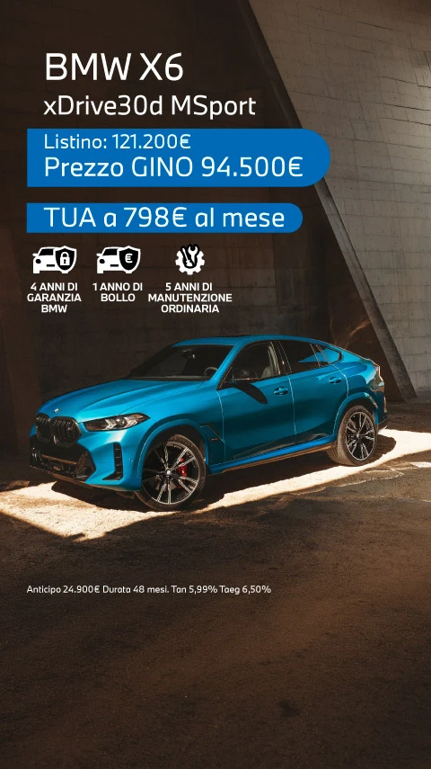 Nuova BMW X6 - Tua a partire da 798€/mese con 4 anni di garanzia BMW, 1 anno di Bollo e 5 anni di manutenzione ordinaria.